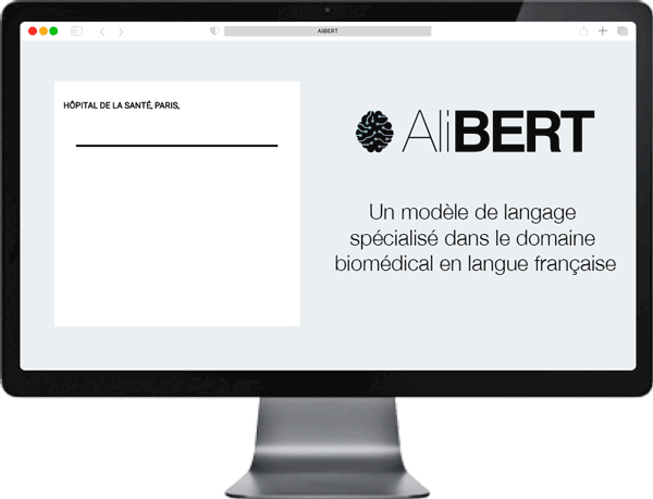 Image animée d'un écran présentant l'application d'AliBERT sur un compte rendu de consultation. Avec la légende "Un modèle de langage spécialisé dans le domaine biomédical en langue française".